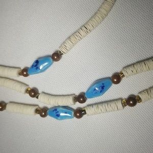 Sea shell necklace,with turqoise blue painted ceramic and glass beads